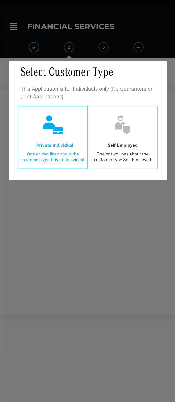 Mobile finance journey — customer type selection