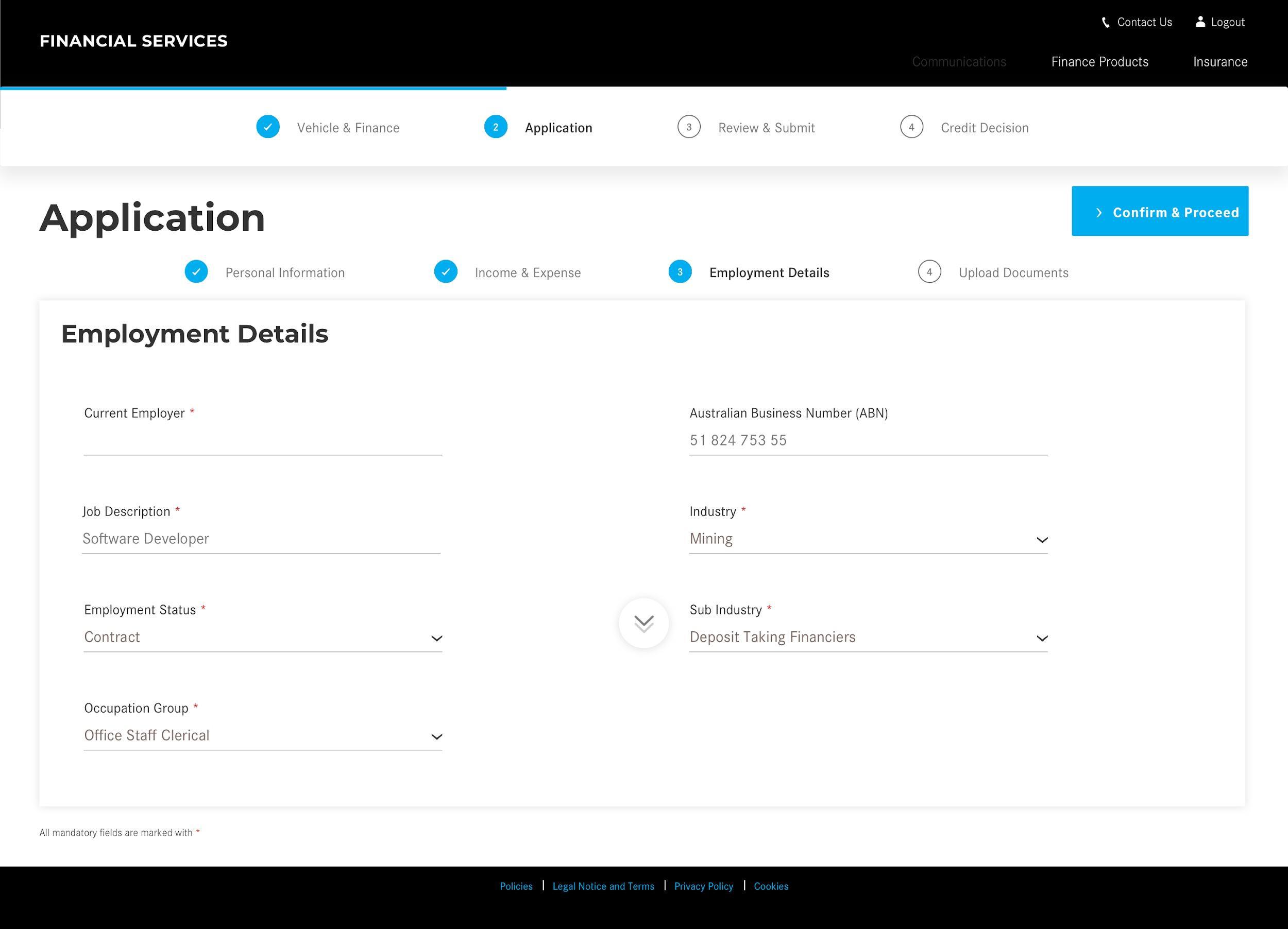 Application — employment details within a focused sub-step.