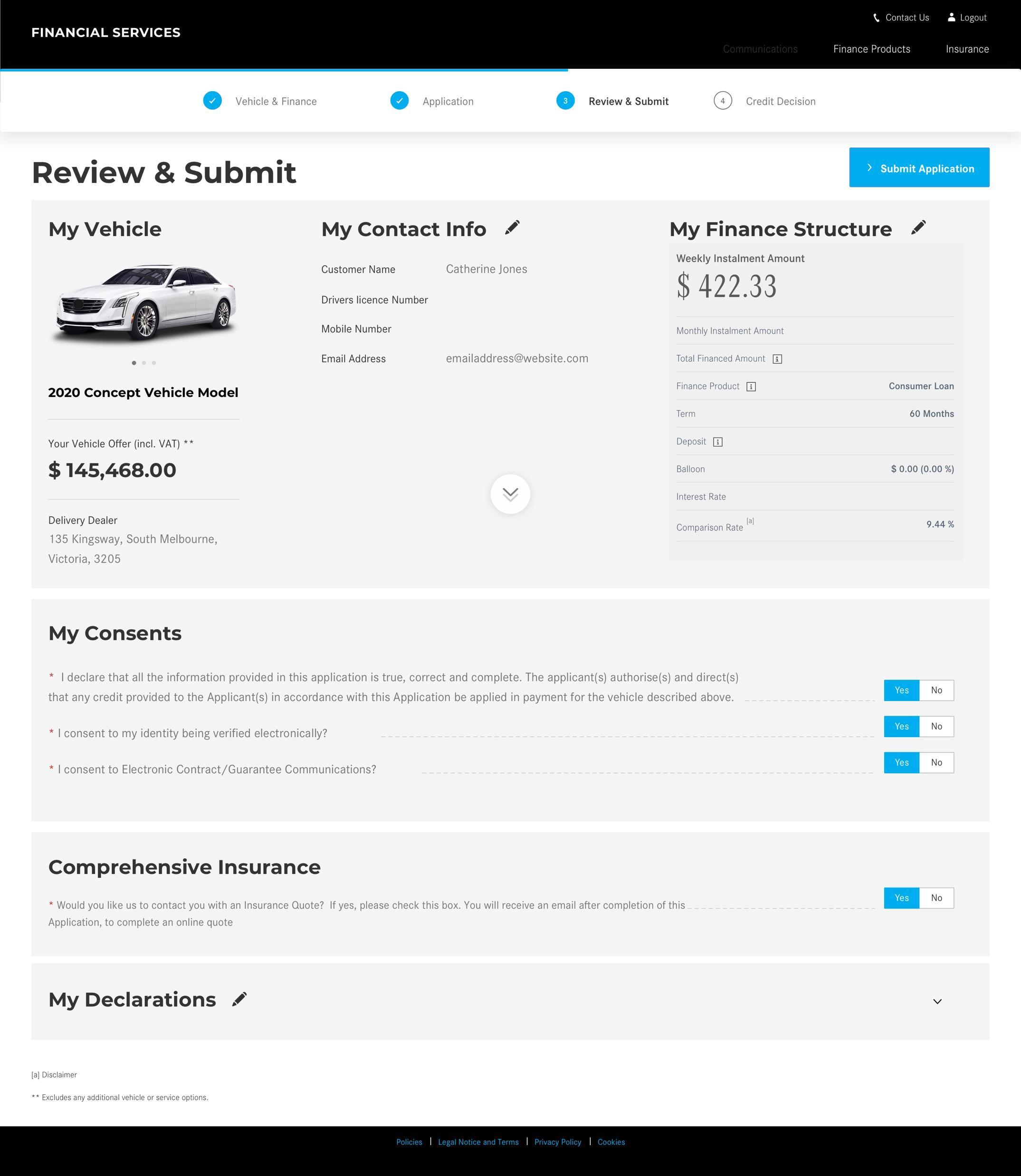 Review & submit — vehicle, finance structure, and consents in one place.